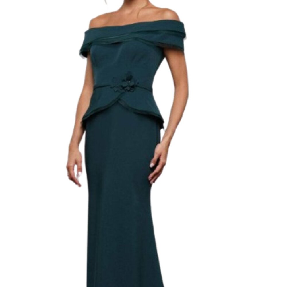 Rina diMontella Teal Off-Shoulder Peplum Gown
